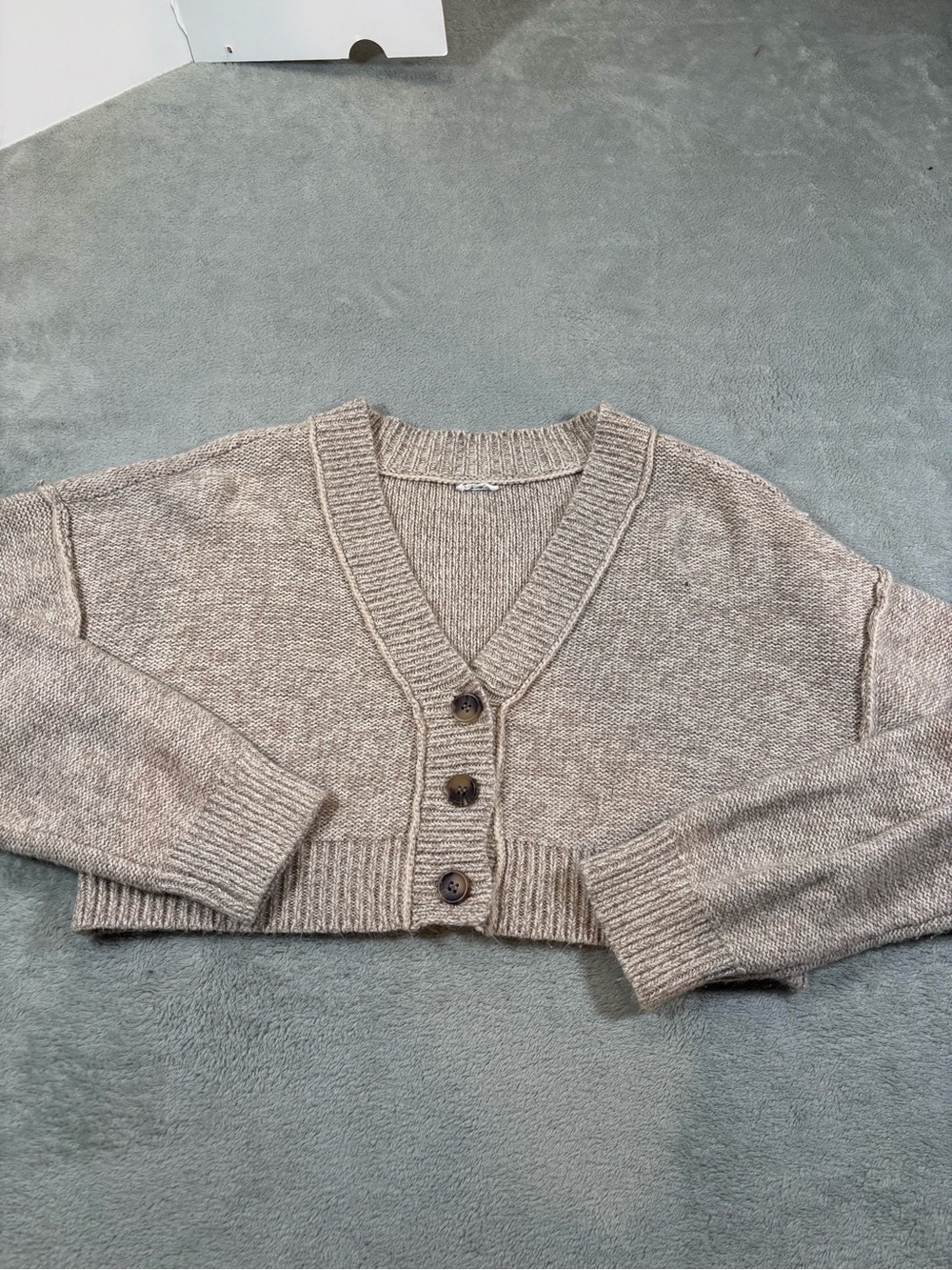 Garage Cropped V-Neck Knit Cardigan Sweater Heather Beige Small